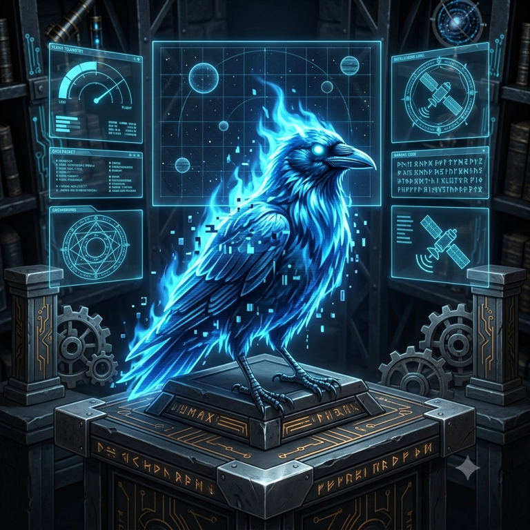 Cyber-grimoire raven familiar standing in the M.A.X. observatory